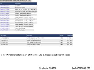 [This IP installs fasteners c/t BCD Lower Clip &amp; locations c/t Beam Splice]