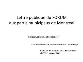 Lettre publique du FORUM aux partis municipaux de Montréal