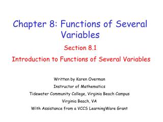 Chapter 8: Functions of Several Variables Section 8.1 Introduction to Functions of Several Variables