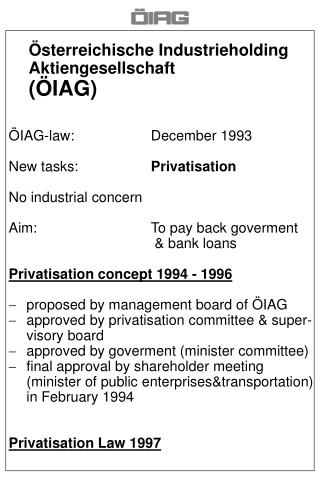 ÖIAG-law:			December 1993 New tasks:			 Privatisation No industrial concern
