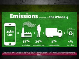 Document 17 : Emission de CO2 pour la construction d’un iPhone, source Geekaphone , 2011 .