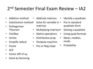 2 nd Semester Final Exam Review – IA2