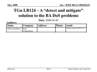 TGn LB124 – A “detect and mitigate” solution to the BA DoS problems
