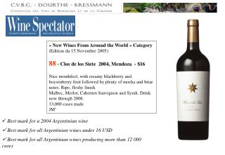 « New Wines From Around the World » Category (Edition du 15 Novembre 2005)