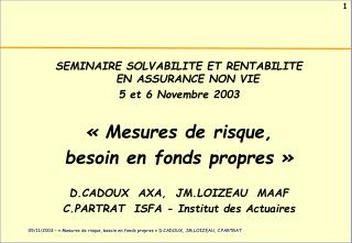 SEMINAIRE SOLVABILITE ET RENTABILITE EN ASSURANCE NON VIE 5 et 6 Novembre 2003