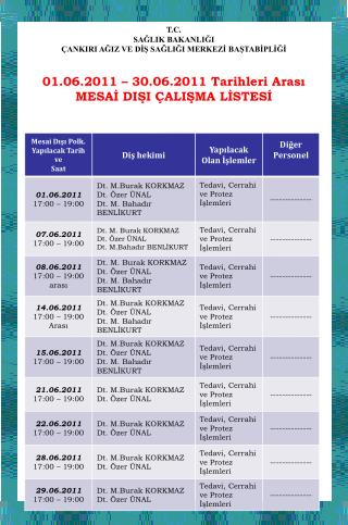 01.06.2011 – 30.06.2011 Tarihleri Arası MESAİ DIŞI ÇALIŞMA LİSTESİ