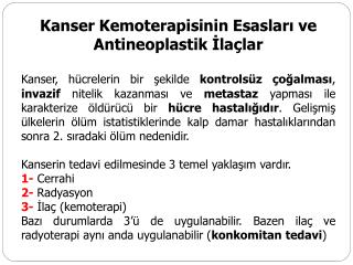 Kanser Kemoterapisinin Esasları ve Antineoplastik İlaçlar