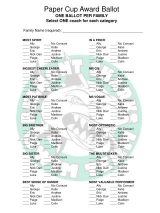 Paper Cup Award Ballot ONE BALLOT PER FAMILY Select ONE coach for each category