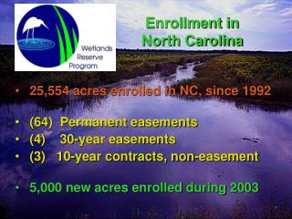 25,554 acres enrolled in NC, since 1992 (64) Permanent easements (4) 30-year easements