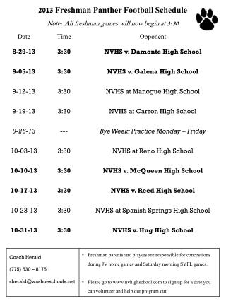 2013 Freshman Panther Football Schedule Note: All freshman games will now begin at 3:30