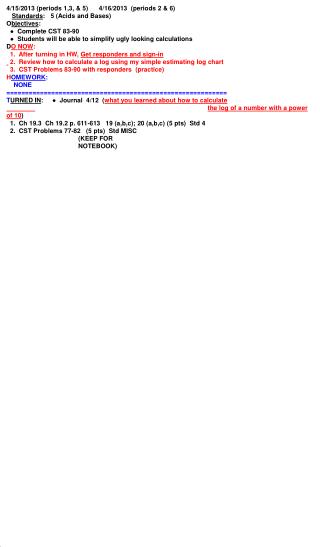 4/15/2013 (periods 1,3, &amp; 5) 4/16/2013 (periods 2 &amp; 6) Standards : 5 (Acids and Bases )