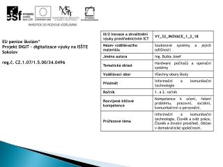 EU peníze školám“ Projekt DIGIT – digitalizace výuky na ISŠTE Sokolov