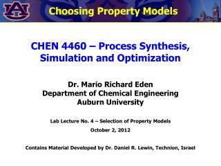 CHEN 4460 – Process Synthesis, Simulation and Optimization
