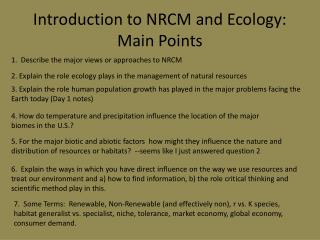 Introduction to NRCM and Ecology: Main Points