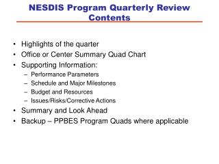 NESDIS Program Quarterly Review Contents