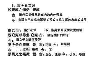 1 、古今异义词 悦亲戚之情话 亲戚 古： 今： 情话 古： 今： 既窈窕以寻壑 窈窕 古：