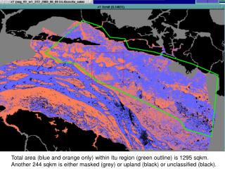 Total area (blue and orange only) within Itu region (green outline) is 1295 sqkm.
