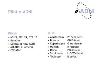 Pilot e-ADNI DESIGN AD 22, MCI 19, CTR 18 Baseline Clinical &amp; npsy ADNI MR ADNI (+ others)