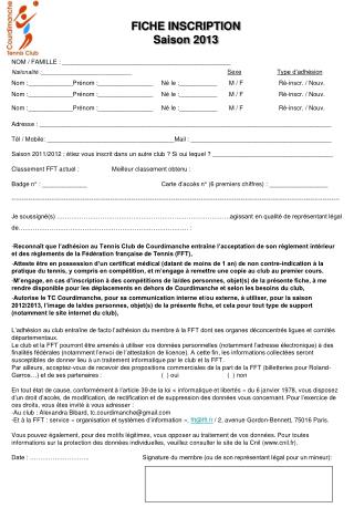 FICHE INSCRIPTION Saison 2013