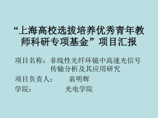 “ 上海高校选拔培养优秀青年教师科研专项基金”项目汇报