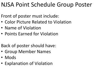 NJSA Point Schedule Group Poster Front of poster must include: Color Picture Related to Violation