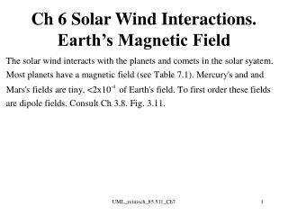 Ch 6 Solar Wind Interactions. Earth’s Magnetic Field