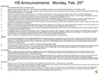 HS Announcements: Monday, Feb. 25 th