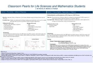 Classroom Pearls for Life Sciences and Mathematics Students J. de Varona, E. Demirci, S. Koksal