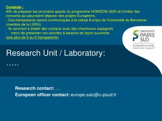 Research Unit / Laboratory: …..