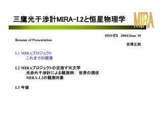 HDS ゼミ　 2004/June 10 Resume of Presentation 吉澤正則 I.1 MIRA プロジェクト 	これまでの概要 I.2 MIRA プロジェクトの目指す天文学 	光赤外干渉計による観測例：　世界の現状 MI