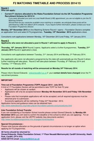 F2 MATCHING TIMETABLE AND PROCESS 2014/15