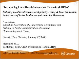 “Introducing Local Health Integration Networks (LHINs)”