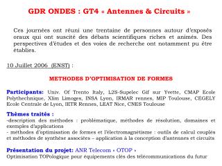GDR ONDES : GT4 « Antennes &amp; Circuits »