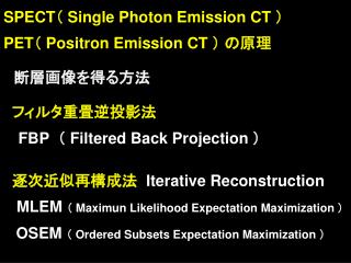 SPECT （ Single Photon Emission CT ） PET （ Positron Emission CT ） の原理 　断層画像を得る方法 フィルタ重畳逆投影法 FBP （ Filtered Back Pr