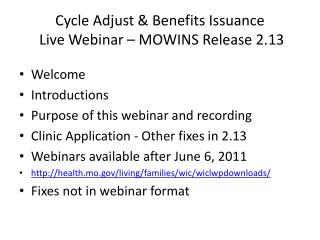 Cycle Adjust &amp; Benefits Issuance Live Webinar – MOWINS Release 2.13