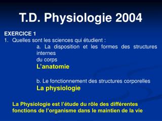 T.D. Physiologie 2004