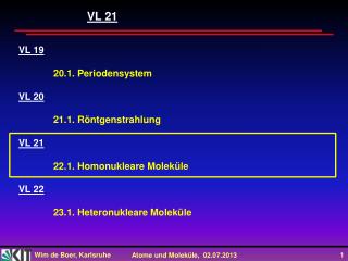 VL 19 	20.1. Periodensystem VL 20 	21.1. Röntgenstrahlung VL 21 	22.1. Homonukleare Moleküle VL 22