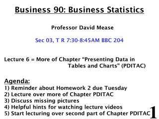 Business 90: Business Statistics Professor David Mease Sec 0 3 , T R 7 : 3 0- 8 : 4 5AM BBC 204