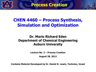 CHEN 4460 – Process Synthesis, Simulation and Optimization