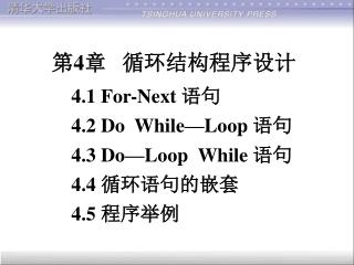 4.1 For-Next 语句 4.2 Do While—Loop 语句 4.3 Do—Loop While 语句 4.4 循环语句的嵌套 4.5 程序举例