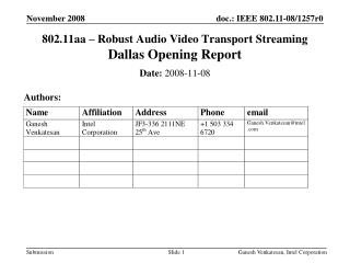 802.11aa – Robust Audio Video Transport Streaming Dallas Opening Report