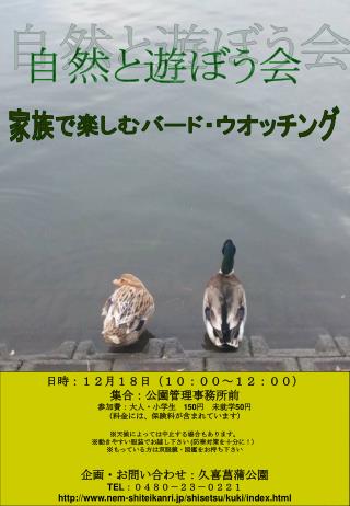 日時：１２月１８日（１０：００～１２：００）　　 集合：公園管理事務所前 参加費：大人・小学生　 150 円　未就学 50 円 （料金には、保険料が含まれています）