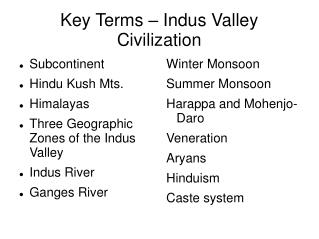 Key Terms – Indus Valley Civilization