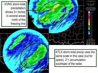 KVNX storm-total precipitation shows 2+ inches in several areas north of the freezing line