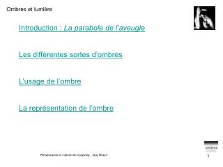 Introduction : La parabole de l’aveugle Les différentes sortes d’ombres L’usage de l’ombre