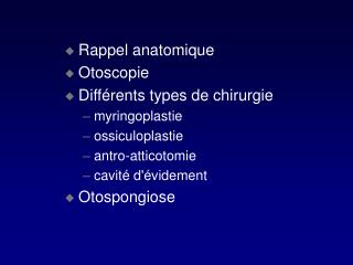 Rappel anatomique Otoscopie Différents types de chirurgie myringoplastie ossiculoplastie