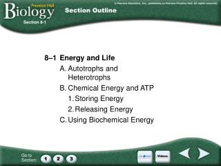 8–1 	Energy and Life A.	Autotrophs and Heterotrophs B.	Chemical Energy and ATP 1.	Storing Energy