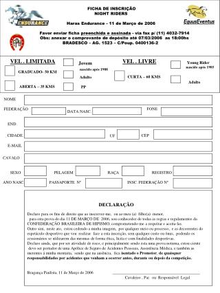 FICHA DE INSCRIÇÃO NIGHT RIDERS