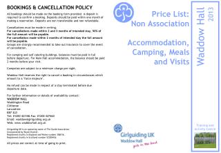 Price List: Non Association Accommodation, Camping, Meals and Visits