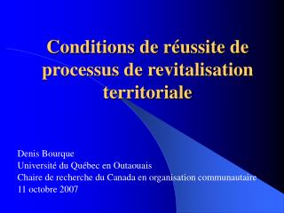 Conditions de réussite de processus de revitalisation territoriale